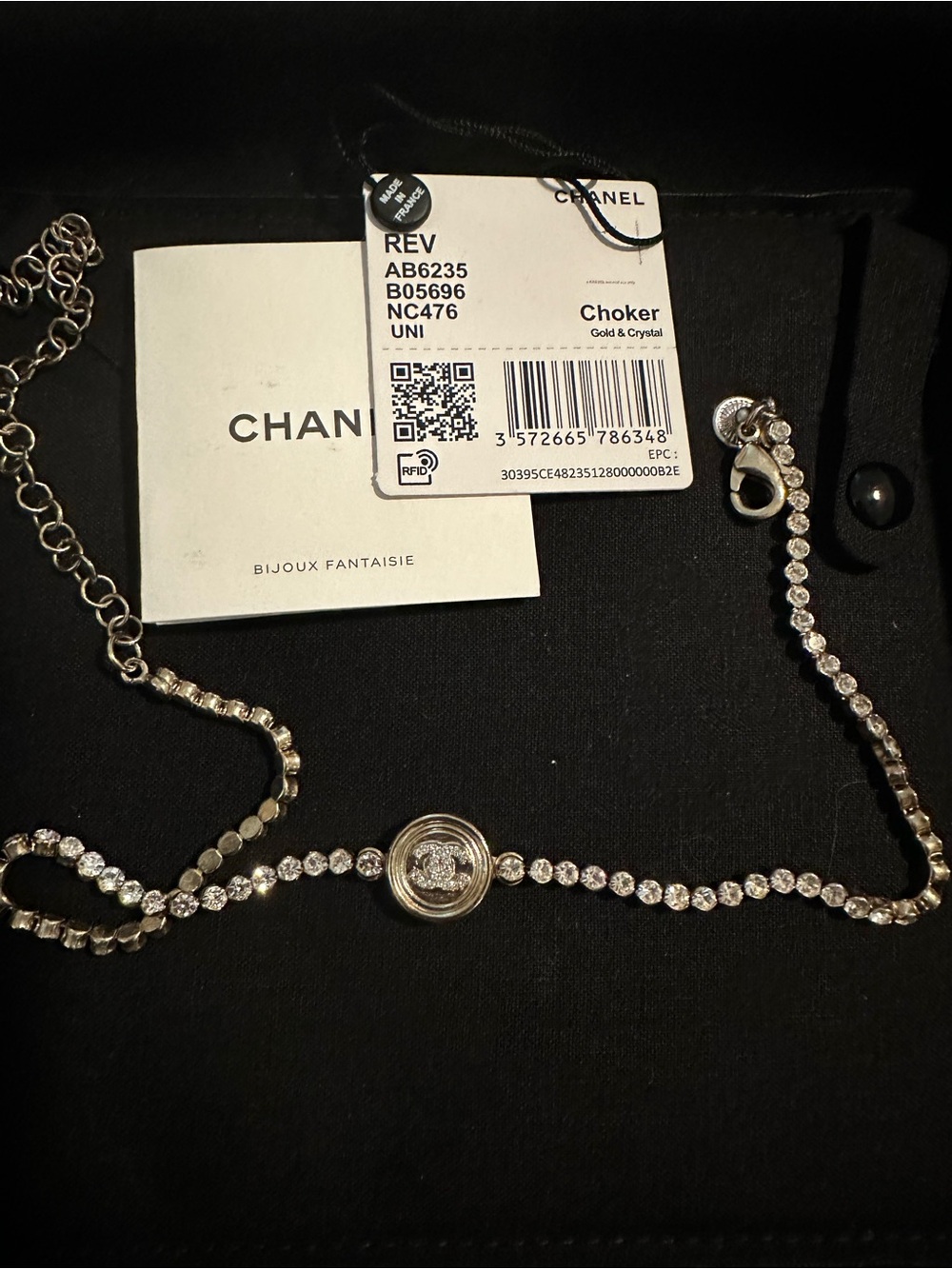 CHANEL Gold Crystal Logo Medallion Necklace
